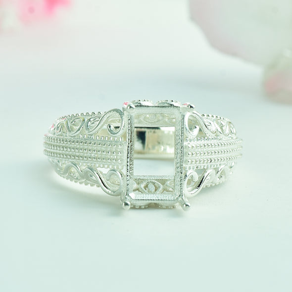 10x6mm Octagon Semi-Mount Vintage Filigree Ring - 925 Sterling Silver
