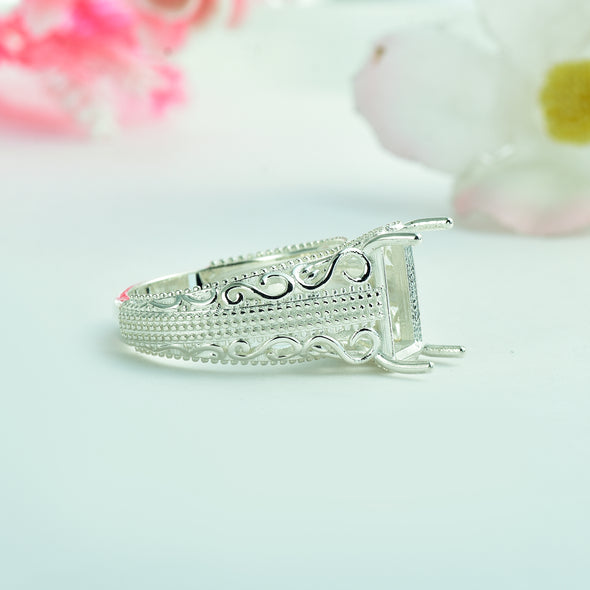 10x6mm Octagon Semi-Mount Vintage Filigree Ring - 925 Sterling Silver