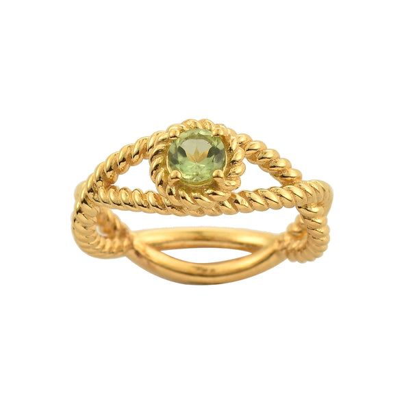 4x4mm Round Peridot Twisted Band Design Ring - 925 Sterling Silver Yellow Plated
