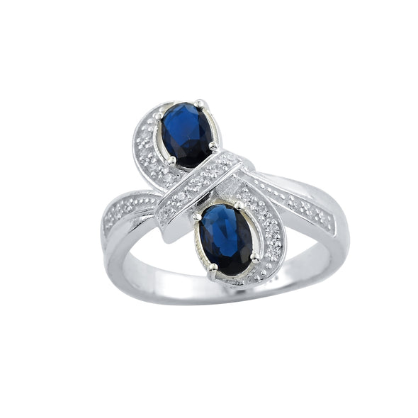 6x4mm Oval Blue Sapphire Crossover Ring - 925 Sterlign Silver