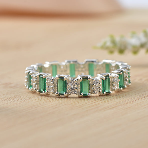 4x2mm Baguette-Cut Emeralds Eternity Band Ring - 925 Sterling Silver