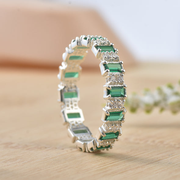 4x2mm Baguette-Cut Emeralds Eternity Band Ring - 925 Sterling Silver