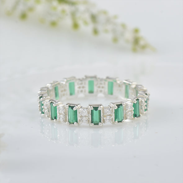 4x2mm Baguette-Cut Emeralds Eternity Band Ring - 925 Sterling Silver