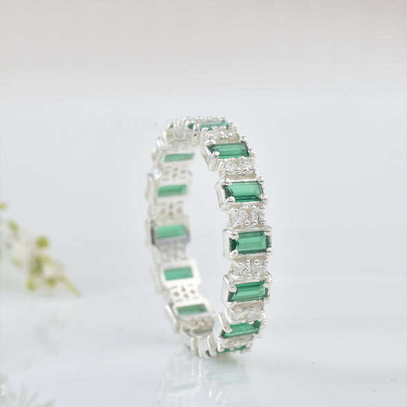 4x2mm Baguette-Cut Emeralds Eternity Band Ring - 925 Sterling Silver