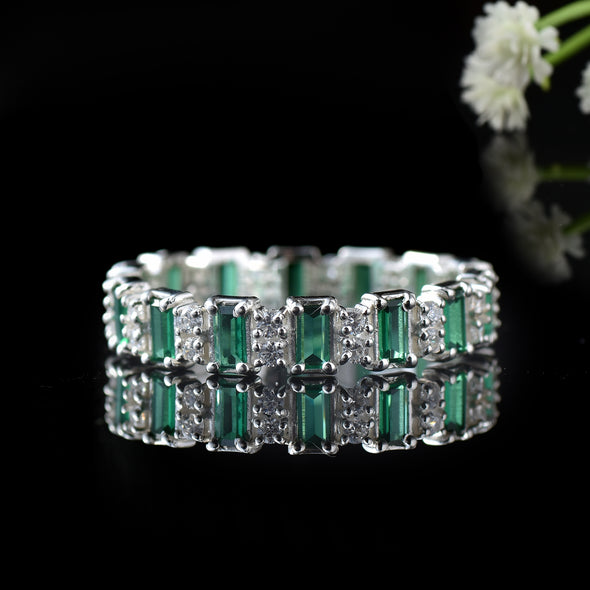 4x2mm Baguette-Cut Emeralds Eternity Band Ring - 925 Sterling Silver