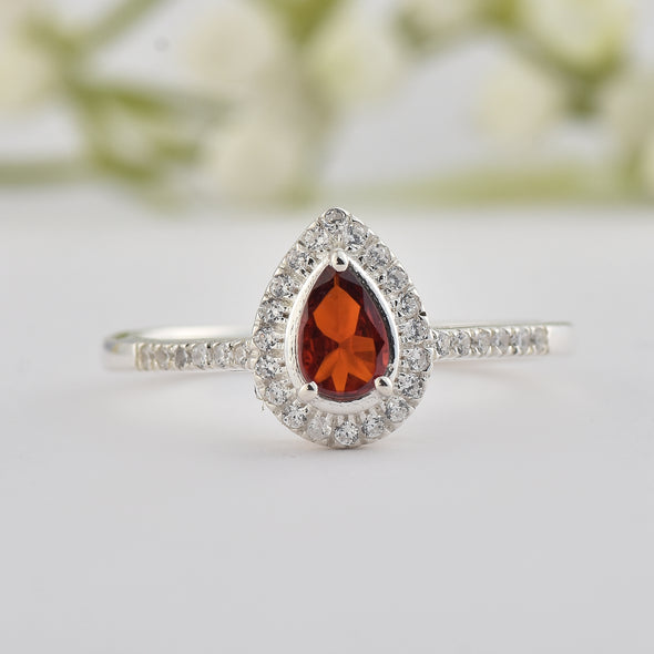 6x4mm Pear Garnet Halo Ring - 925 Sterling Silver