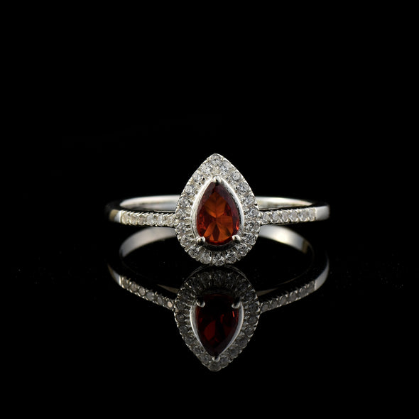 6x4mm Pear Garnet Halo Ring - 925 Sterling Silver