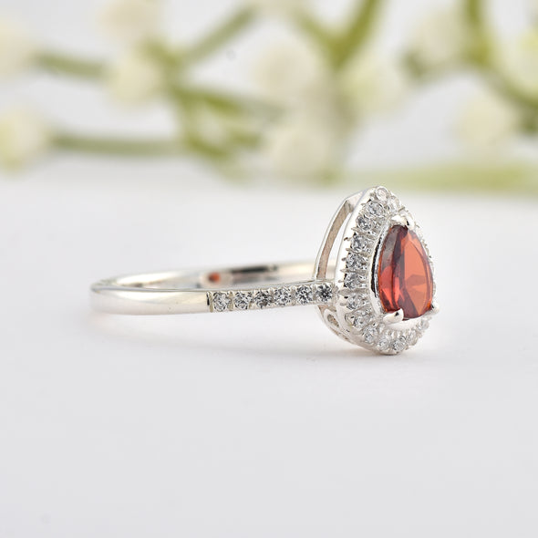 6x4mm Pear Garnet Halo Ring - 925 Sterling Silver