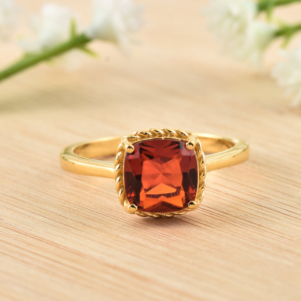 8x6mm Cushion Garnet Solitaire Ring - 925 Sterling Silver Yellow Plated