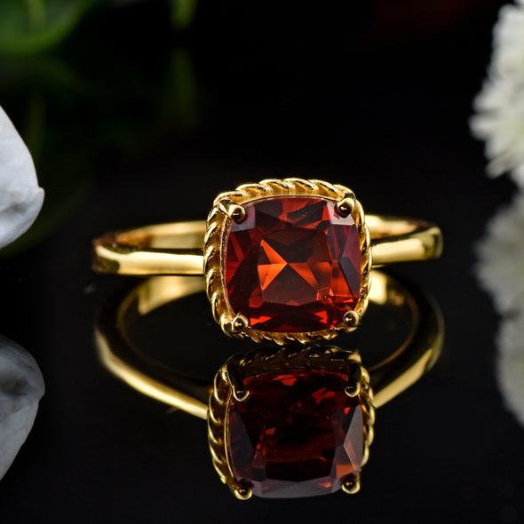 8x6mm Cushion Garnet Solitaire Ring - 925 Sterling Silver Yellow Plated