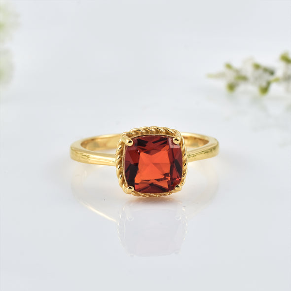 8x6mm Cushion Garnet Solitaire Ring - 925 Sterling Silver Yellow Plated