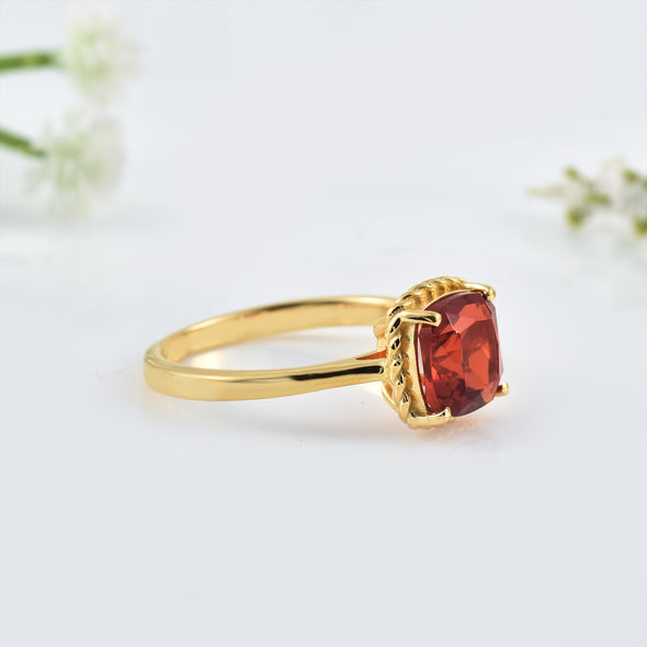 8x6mm Cushion Garnet Solitaire Ring - 925 Sterling Silver Yellow Plated