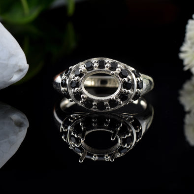 8x6mm Oval Black Spinel Accents Semi-Mount Ring - 925 Sterling Silver
