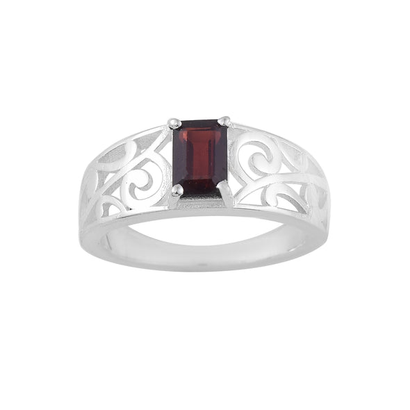 Filigree Ring with 6x4mm Octagon Garnet - 925 Sterling Silver