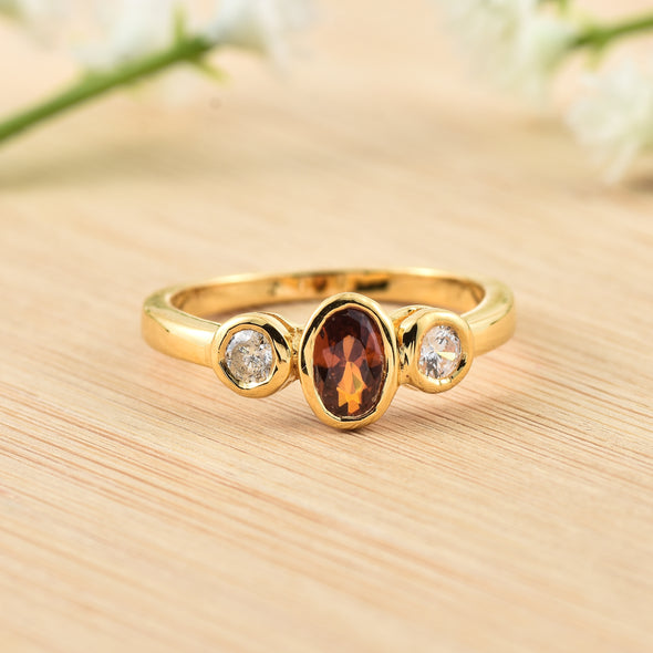 6x4mm Oval Citrine Three stone Ring - 925 Sterling Silver Yellow Plated