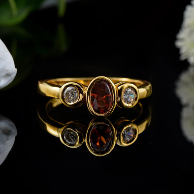 6x4mm Oval Citrine Three stone Ring - 925 Sterling Silver Yellow Plated