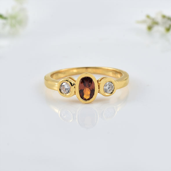 6x4mm Oval Citrine Three stone Ring - 925 Sterling Silver Yellow Plated