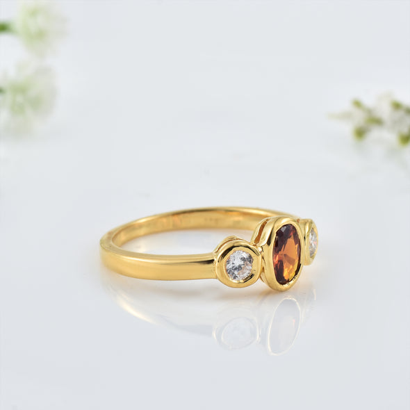 6x4mm Oval Citrine Three stone Ring - 925 Sterling Silver Yellow Plated