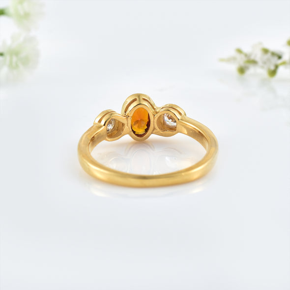6x4mm Oval Citrine Three stone Ring - 925 Sterling Silver Yellow Plated
