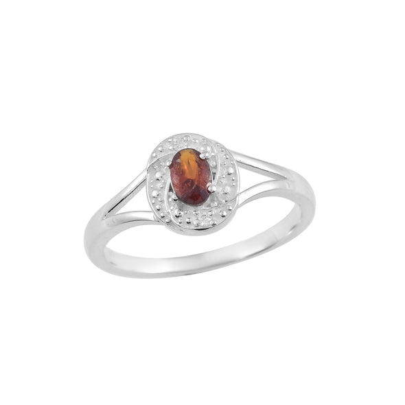 6x4mm Oval Garnet and Textured Halo Design Ring - 925 Sterling Silver