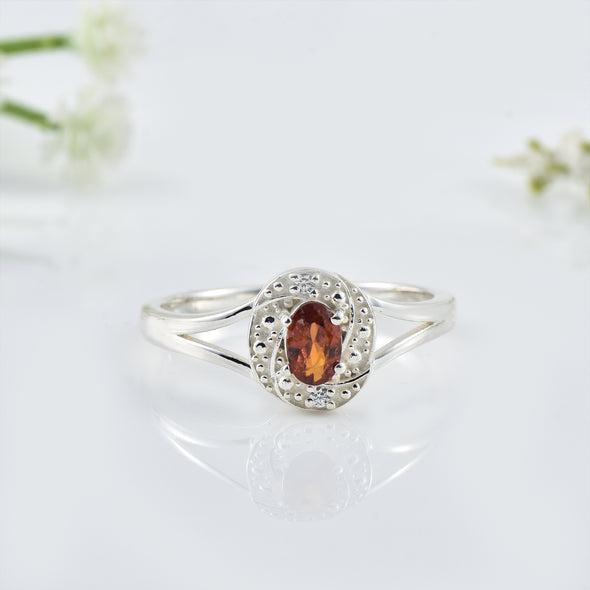 6x4mm Oval Garnet and Textured Halo Design Ring - 925 Sterling Silver
