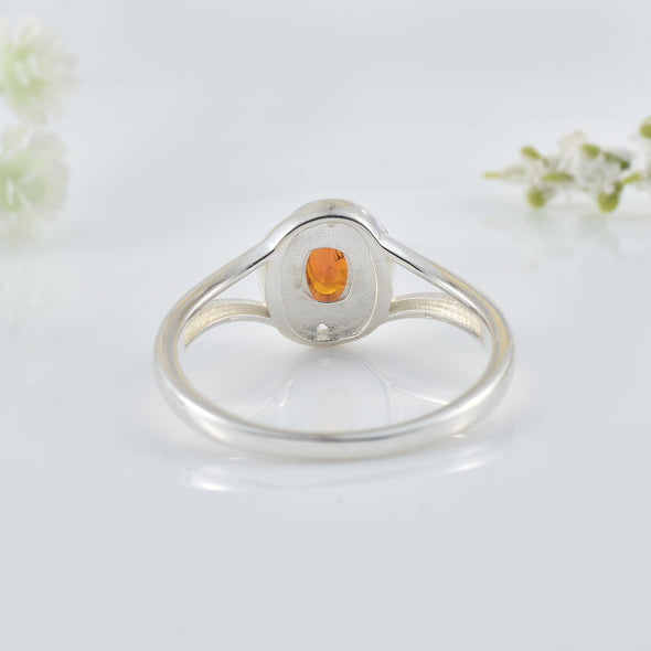 6x4mm Oval Garnet and Textured Halo Design Ring - 925 Sterling Silver