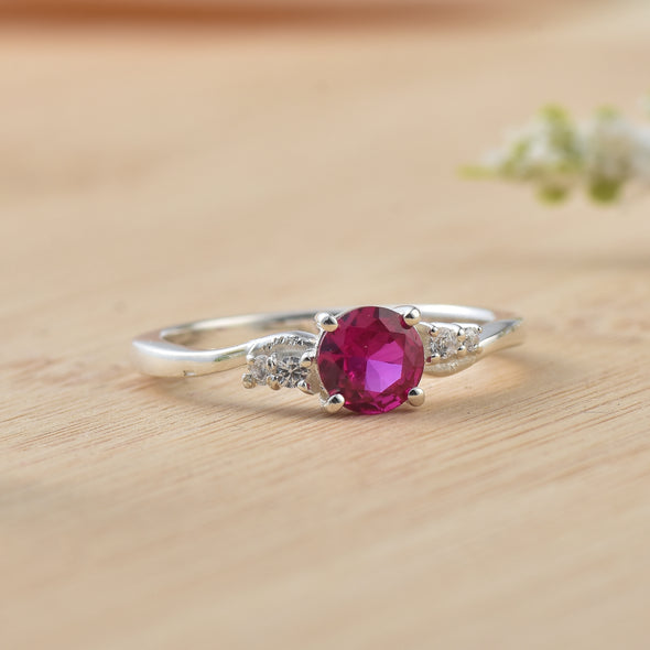 4x4mm Round Ruby and Accent Stones Ring - 925 Sterling Silver