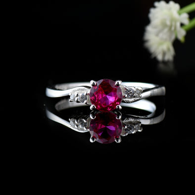 4x4mm Round Ruby and Accent Stones Ring - 925 Sterling Silver
