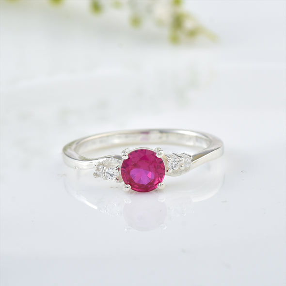 4x4mm Round Ruby and Accent Stones Ring - 925 Sterling Silver