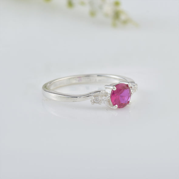 4x4mm Round Ruby and Accent Stones Ring - 925 Sterling Silver