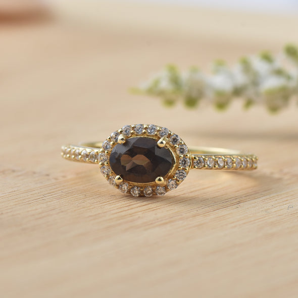 7x5MM Oval Smoky Quartz Halo Ring - 925 Sterling Silver Gold Plated