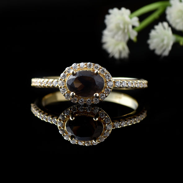 7x5MM Oval Smoky Quartz Halo Ring - 925 Sterling Silver Gold Plated