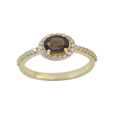 7x5MM Oval Smoky Quartz Halo Ring - 925 Sterling Silver Gold Plated