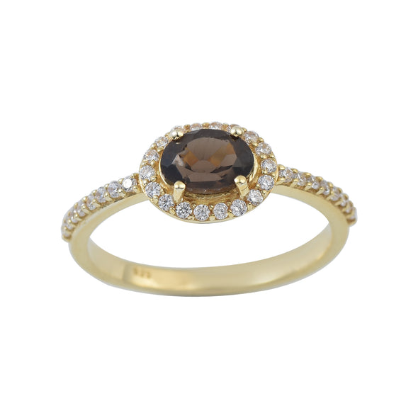 7x5MM Oval Smoky Quartz Halo Ring - 925 Sterling Silver Gold Plated