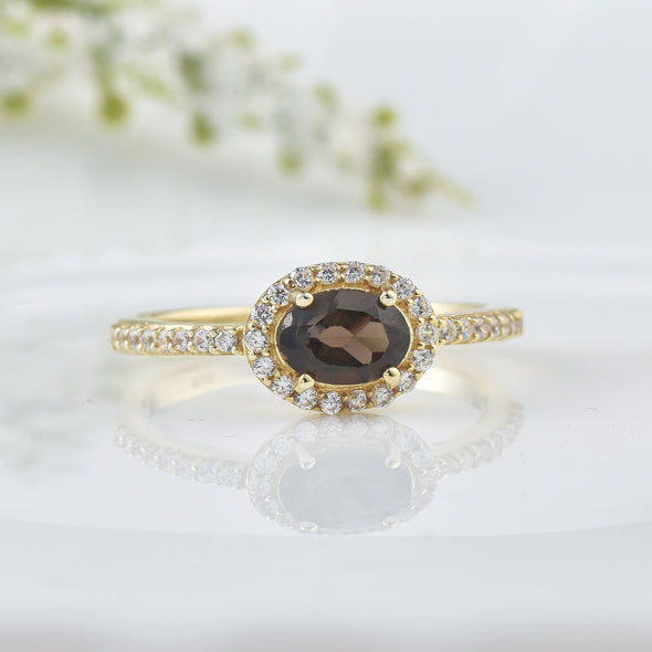 7x5MM Oval Smoky Quartz Halo Ring - 925 Sterling Silver Gold Plated