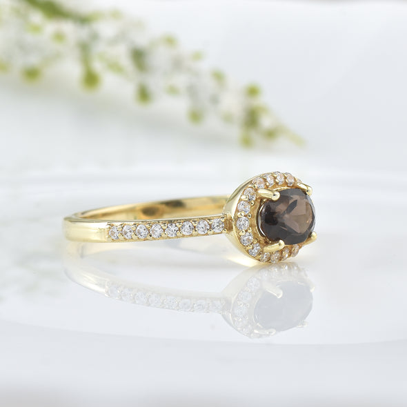 7x5MM Oval Smoky Quartz Halo Ring - 925 Sterling Silver Gold Plated