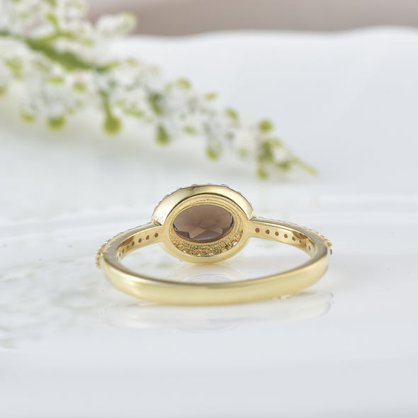 7x5MM Oval Smoky Quartz Halo Ring - 925 Sterling Silver Gold Plated