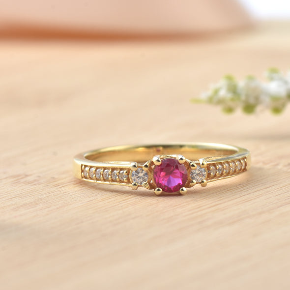 4MM Round Ruby and White Topaz Accent Ring - 925 Sterling Silver Yellow Plated