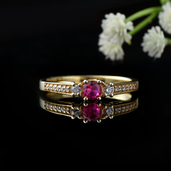 4MM Round Ruby and White Topaz Accent Ring - 925 Sterling Silver Yellow Plated