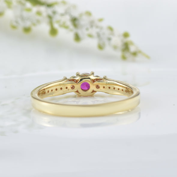 4MM Round Ruby and White Topaz Accent Ring - 925 Sterling Silver Yellow Plated