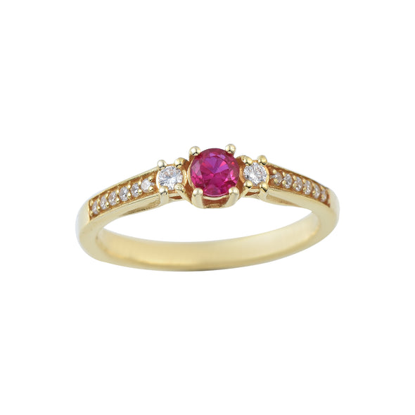 4MM Round Ruby and White Topaz Accent Ring - 925 Sterling Silver Yellow Plated