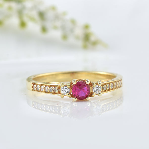 4MM Round Ruby and White Topaz Accent Ring - 925 Sterling Silver Yellow Plated