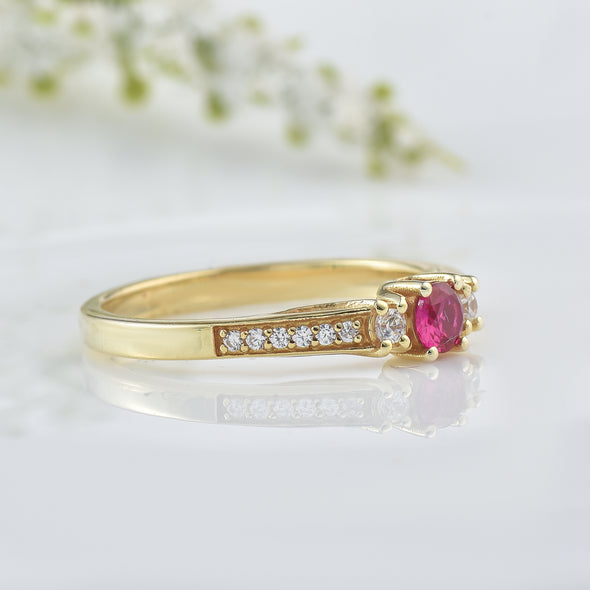 4MM Round Ruby and White Topaz Accent Ring - 925 Sterling Silver Yellow Plated