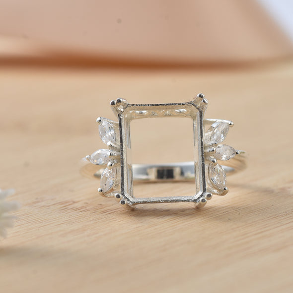 2x10MM Octagon with Marquise CZ Accents Semi Mount Ring - 925 Sterling Silver