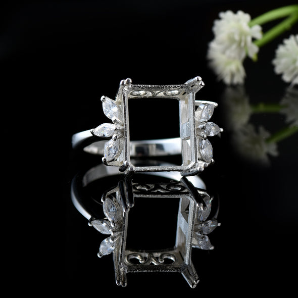 2x10MM Octagon with Marquise CZ Accents Semi Mount Ring - 925 Sterling Silver