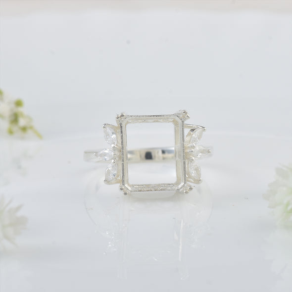 2x10MM Octagon with Marquise CZ Accents Semi Mount Ring - 925 Sterling Silver
