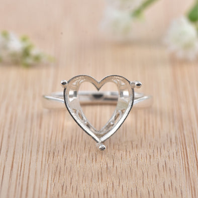 925 Sterling Silver 12x12MM Heart Shape Prong Setting Semi-Mount Ring