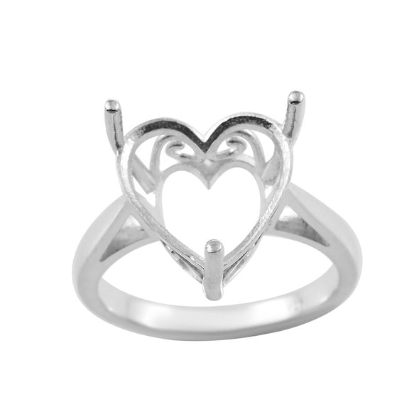 925 Sterling Silver 12x12MM Heart Shape Prong Setting Semi-Mount Ring