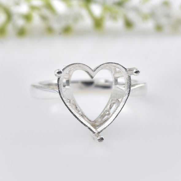 925 Sterling Silver 12x12MM Heart Shape Prong Setting Semi-Mount Ring