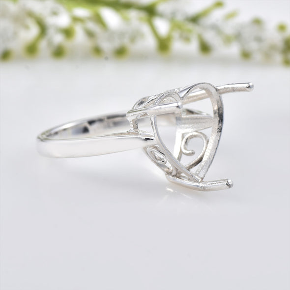 925 Sterling Silver 12x12MM Heart Shape Prong Setting Semi-Mount Ring